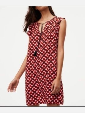 LOFT Red and Black Geometric Tassel Shift Dress Size XS